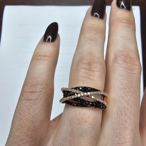 Effy 14K Yellow Gold Black and White Diamond Crossover Ring, 0.72 TCW